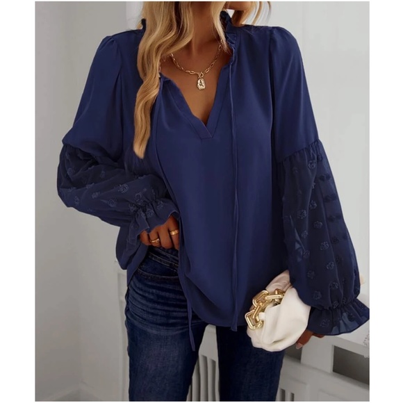 Boho Swiss Dot Sheer Sleeve Ruffle Blouse - Picture 13 of 14